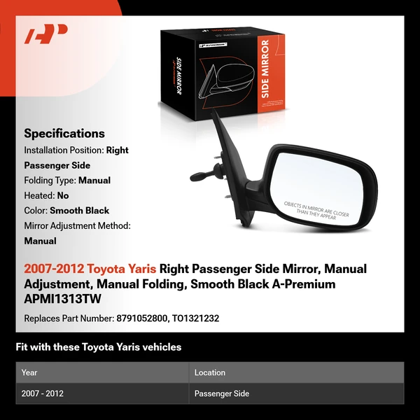 2007-2012 Toyota Yaris Right Passenger Side Mirror, Manual Adjustment, Manual Folding, Smooth Black A-Premium APMI1313TW