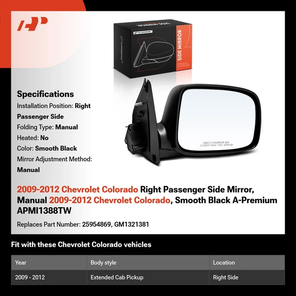 2009-2012 Chevrolet Colorado Right Passenger Side Mirror, Manual 2009-2012 Chevrolet Colorado, Smooth Black A-Premium APMI1388TW