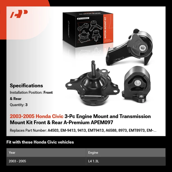 2003-2005 Honda Civic 3-Pc Engine Mount and Transmission Mount Kit Front & Rear A-Premium APEM097