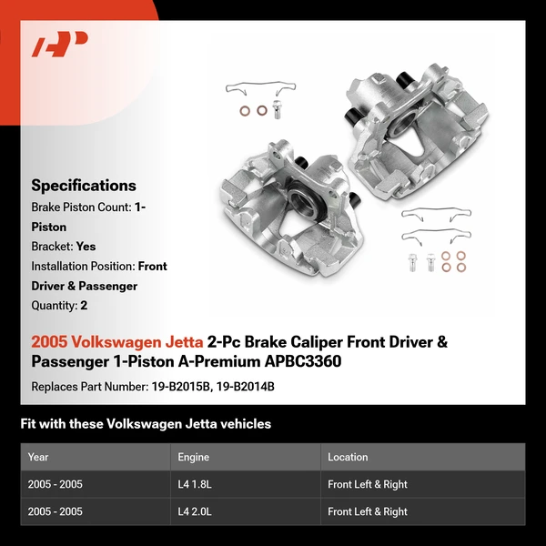 2005 Volkswagen Jetta 2-Pc Brake Caliper Front Driver & Passenger 1-Piston A-Premium APBC3360