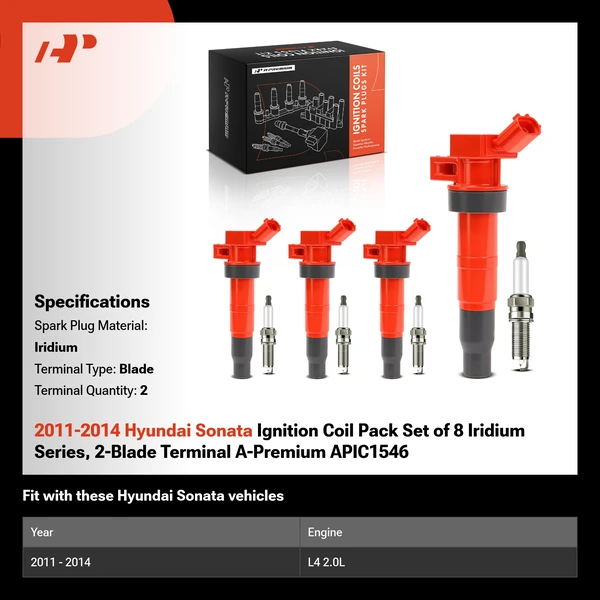 2011-2014 Hyundai Sonata Ignition Coil Pack Set of 8 Iridium Series, 2-Blade Terminal A-Premium APIC1546