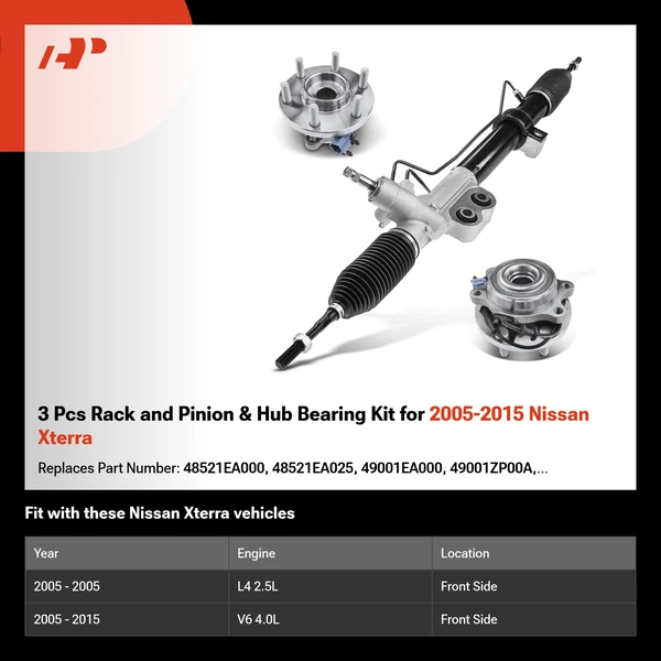 3 Pcs Rack and Pinion & Hub Bearing Kit for 2005-2015 Nissan Xterra