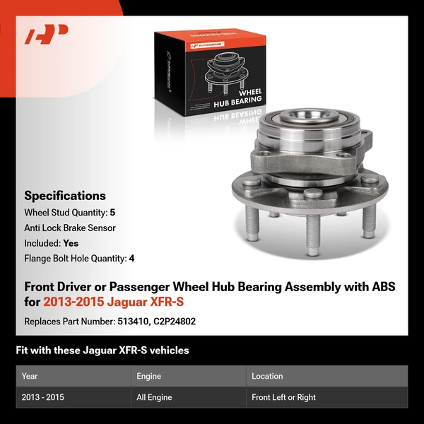 Front Driver or Passenger Wheel Hub Bearing Assembly with ABS for 2013-2015 Jaguar XFR-S