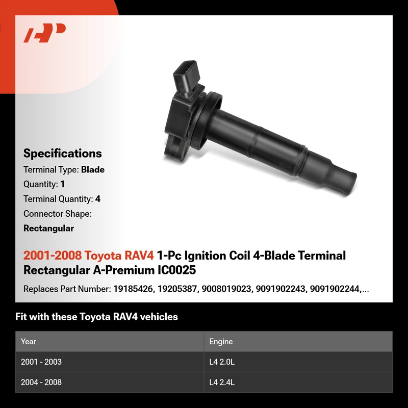 2001-2008 Toyota RAV4 1-Pc Ignition Coil 4-Blade Terminal Rectangular A-Premium IC0025