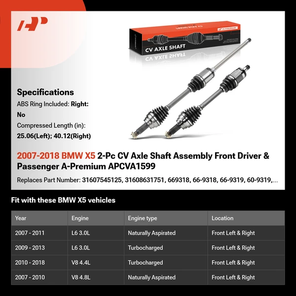 2007-2018 BMW X5 2-Pc CV Axle Shaft Assembly Front Driver & Passenger A-Premium APCVA1599