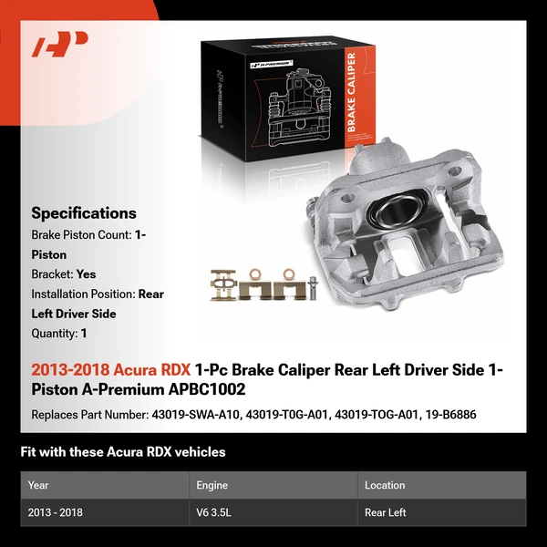 2013-2018 Acura RDX 1-Pc Brake Caliper Rear Left Driver Side 1-Piston A-Premium APBC1002