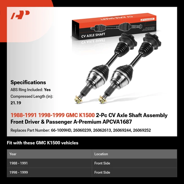 1988-1991 1998-1999 GMC K1500 2-Pc CV Axle Shaft Assembly Front Driver & Passenger A-Premium APCVA1687