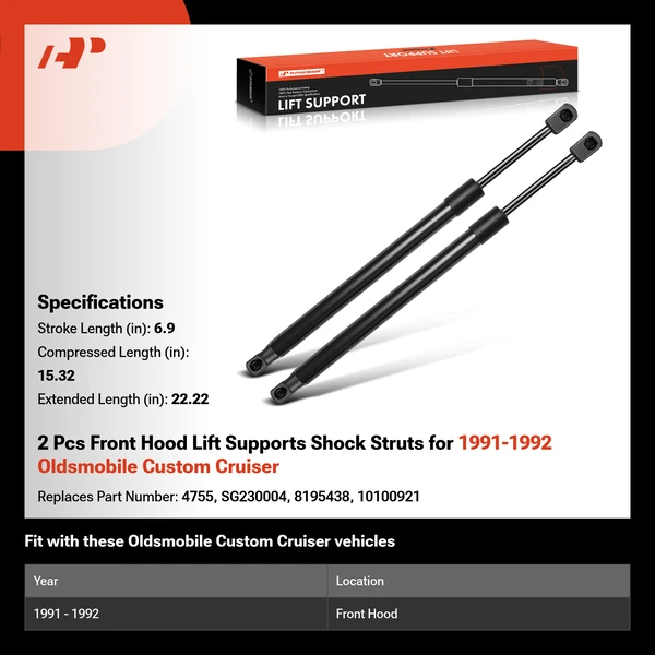 2 Pcs Front Hood Lift Supports Shock Struts for 1991-1992 Oldsmobile Custom Cruiser