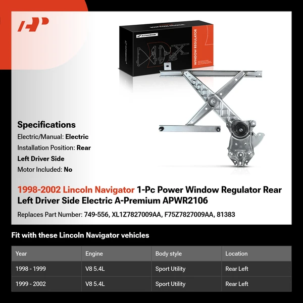 1998-2002 Lincoln Navigator 1-Pc Power Window Regulator Rear Left Driver Side Electric A-Premium APWR2106