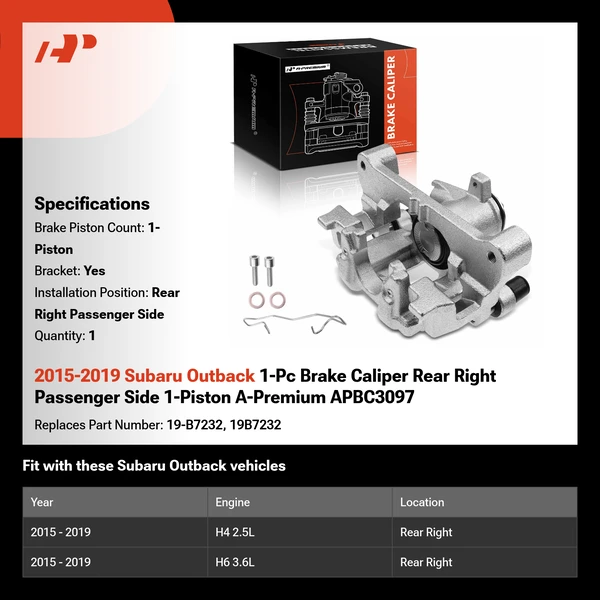 2015-2019 Subaru Outback 1-Pc Brake Caliper Rear Right Passenger Side 1-Piston A-Premium APBC3097