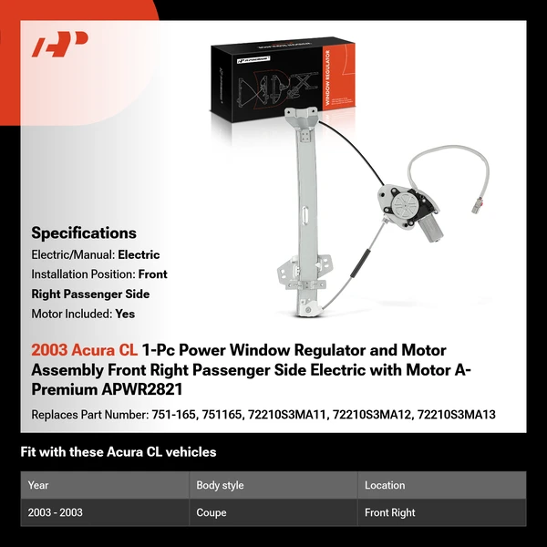 2003 Acura CL 1-Pc Power Window Regulator and Motor Assembly Front Right Passenger Side Electric with Motor A-Premium APWR2821