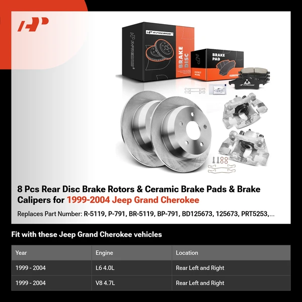 8 Pcs Rear Disc Brake Rotors & Ceramic Brake Pads & Brake Calipers for 1999-2004 Jeep Grand Cherokee