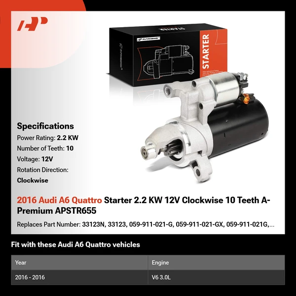 2016 Audi A6 Quattro Starter 2.2 KW 12V Clockwise 10 Teeth A-Premium APSTR655