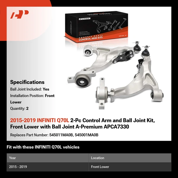 2015-2019 INFINITI Q70L 2-Pc Control Arm and Ball Joint Kit, Front Lower with Ball Joint A-Premium APCA7330