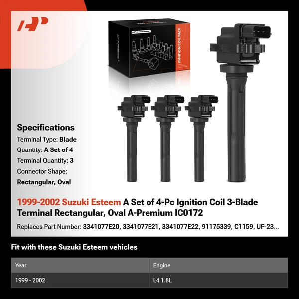1999-2002 Suzuki Esteem A Set of 4-Pc Ignition Coil 3-Blade Terminal Rectangular, Oval A-Premium IC0172