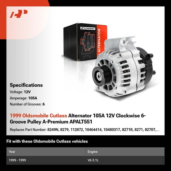 1999 Oldsmobile Cutlass Alternator 105A 12V Clockwise 6-Groove Pulley A-Premium APALT551