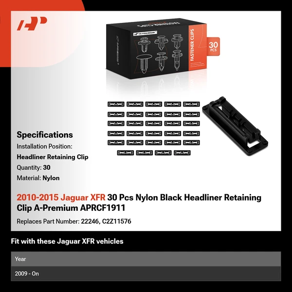 2010-2015 Jaguar XFR 30 Pcs Nylon Black Headliner Retaining Clip A-Premium APRCF1911