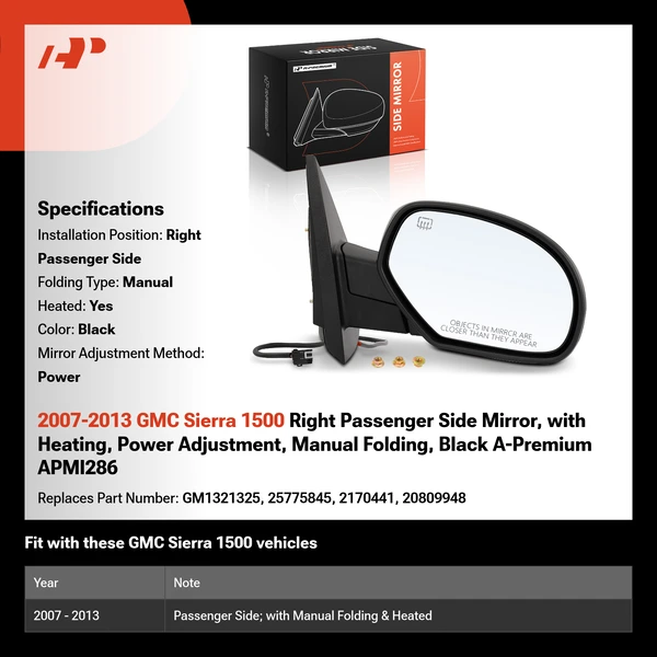 2007-2013 GMC Sierra 1500 Right Passenger Side Mirror, with Heating, Power Adjustment, Manual Folding, Black A-Premium APMI286