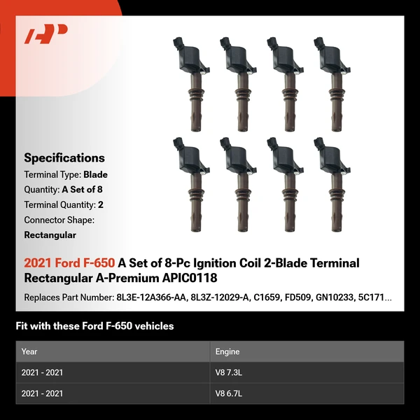 2021 Ford F-650 A Set of 8-Pc Ignition Coil 2-Blade Terminal Rectangular A-Premium APIC0118