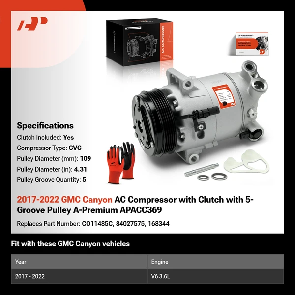 2017-2022 GMC Canyon AC Compressor with Clutch with 5-Groove Pulley A-Premium APACC369