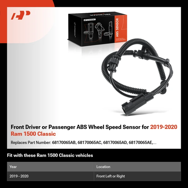Front Driver or Passenger ABS Wheel Speed Sensor for 2019-2020 Ram 1500 Classic