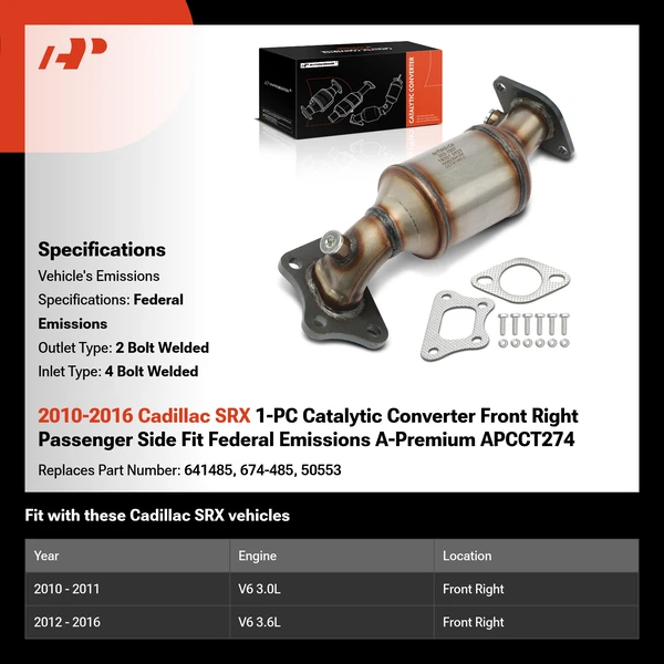 2010-2016 Cadillac SRX 1-PC Catalytic Converter Front Right Passenger Side Fit Federal Emissions A-Premium APCCT274