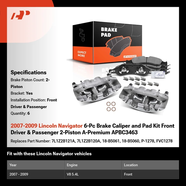 2007-2009 Lincoln Navigator 6-Pc Brake Caliper and Pad Kit Front Driver & Passenger 2-Piston A-Premium APBC3463