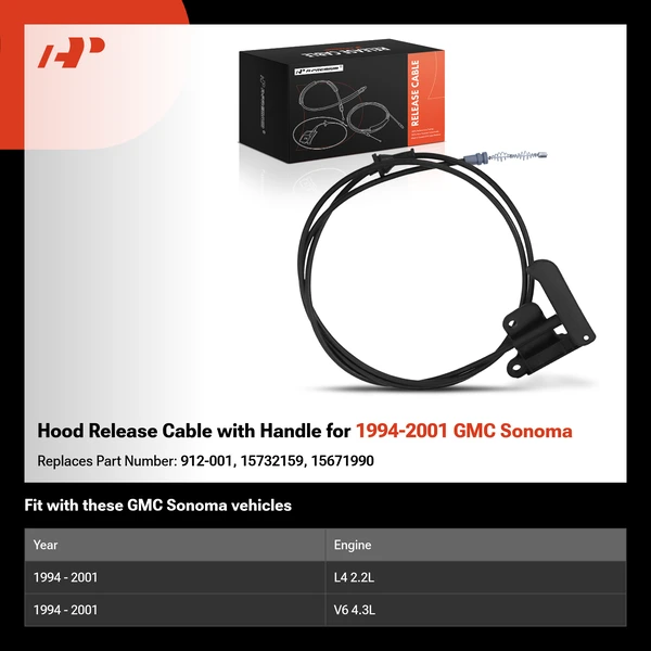 Hood Release Cable with Handle for 1994-2001 GMC Sonoma