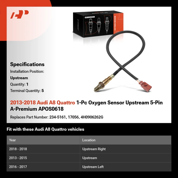 2013-2018 Audi A8 Quattro 1-Pc Oxygen Sensor Upstream 5-Pin A-Premium APOS0618