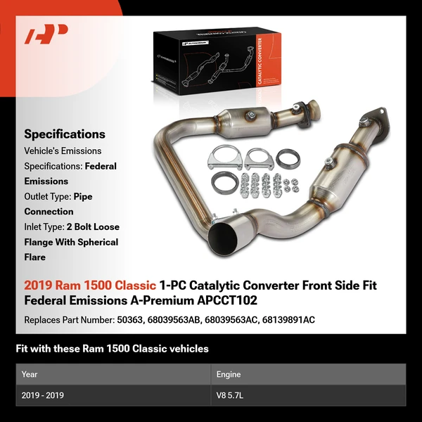 2019 Ram 1500 Classic 1-PC Catalytic Converter Front Side Fit Federal Emissions A-Premium APCCT102