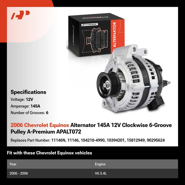 2006 Chevrolet Equinox Alternator 145A 12V Clockwise 6-Groove Pulley A-Premium APALT072