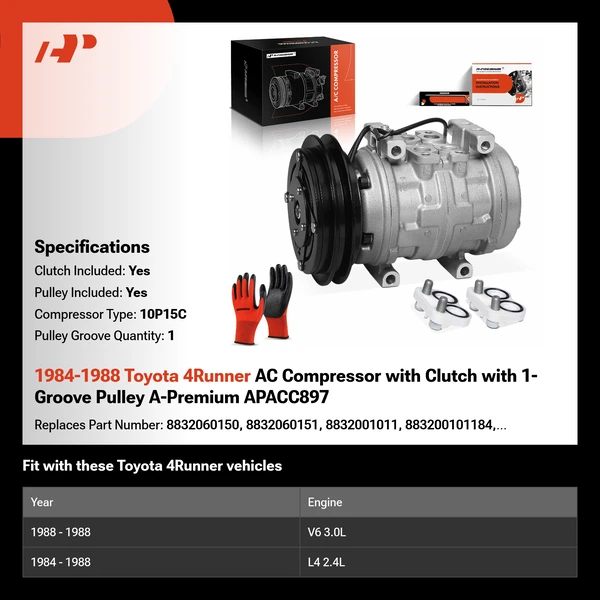 1984-1988 Toyota 4Runner AC Compressor with Clutch with 1-Groove Pulley A-Premium APACC897