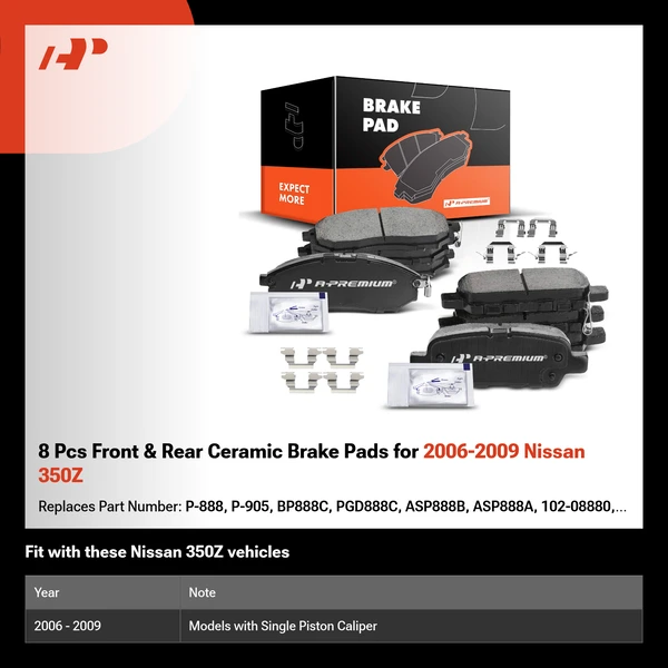 8 Pcs Front & Rear Ceramic Brake Pads for 2006-2009 Nissan 350Z