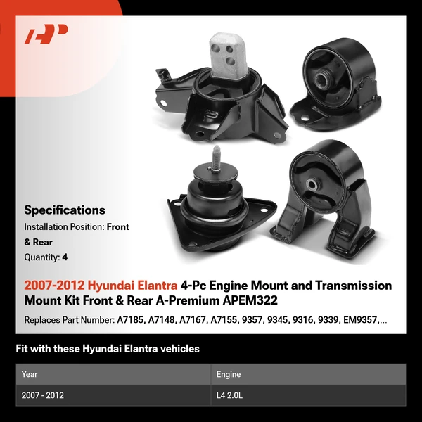 2007-2012 Hyundai Elantra 4-Pc Engine Mount and Transmission Mount Kit Front & Rear A-Premium APEM322