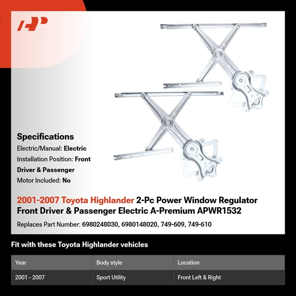 2001-2007 Toyota Highlander 2-Pc Power Window Regulator Front Driver & Passenger Electric A-Premium APWR1532