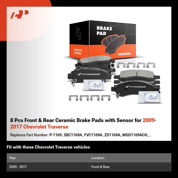 8 Pcs Front & Rear Ceramic Brake Pads with Sensor for 2009-2017 Chevrolet Traverse
