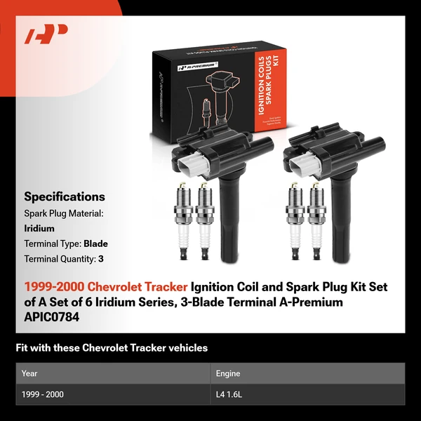 1999-2000 Chevrolet Tracker Ignition Coil and Spark Plug Kit Set of A Set of 6 Iridium Series, 3-Blade Terminal A-Premium APIC0784