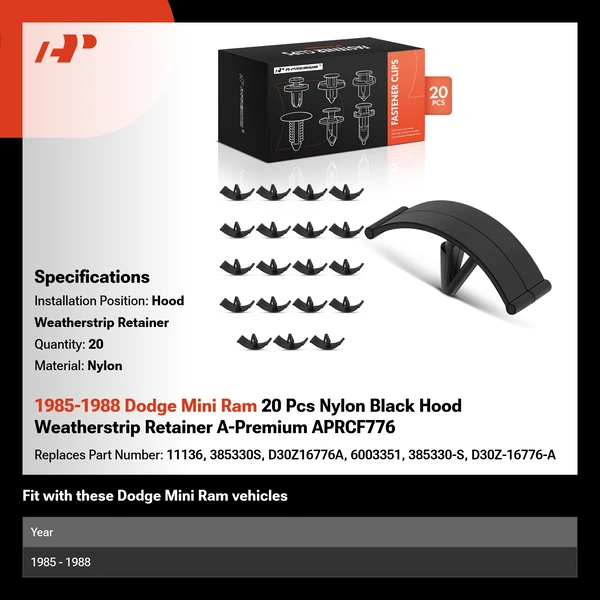 1985-1988 Dodge Mini Ram 20 Pcs Nylon Black Hood Weatherstrip Retainer A-Premium APRCF776