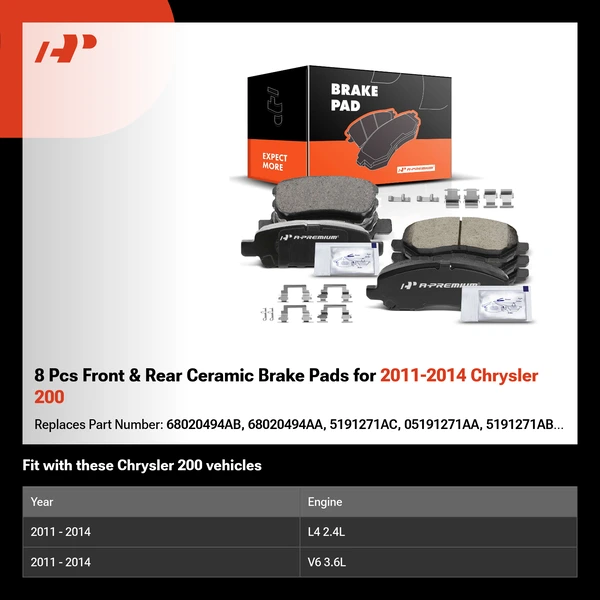 8 Pcs Front & Rear Ceramic Brake Pads for 2011-2014 Chrysler 200