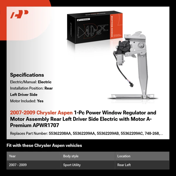 2007-2009 Chrysler Aspen 1-Pc Power Window Regulator and Motor Assembly Rear Left Driver Side Electric with Motor A-Premium APWR1707