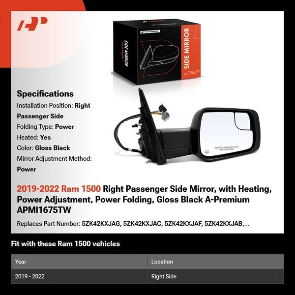 2019-2022 Ram 1500 Right Passenger Side Mirror, with Heating, Power Adjustment, Power Folding, Gloss Black A-Premium APMI1675TW