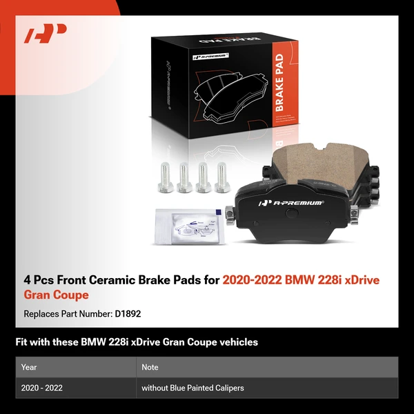 4 Pcs Front Ceramic Brake Pads for 2020-2022 BMW 228i xDrive Gran Coupe