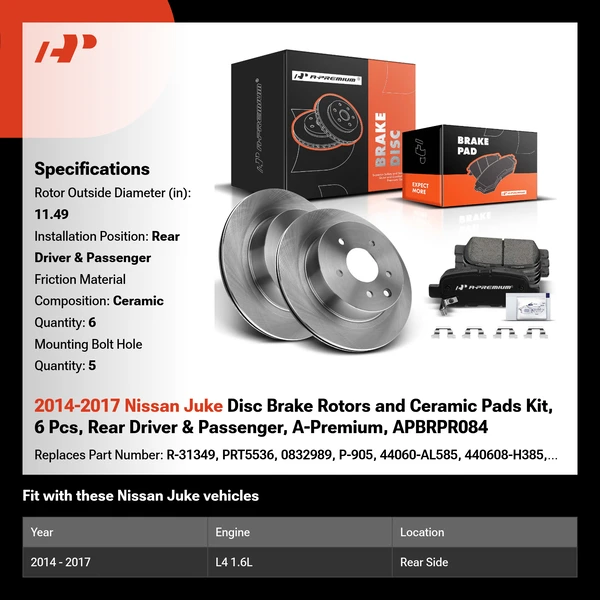 2014-2017 Nissan Juke Disc Brake Rotors and Ceramic Pads Kit, 6 Pcs, Rear Driver & Passenger, A-Premium, APBRPR084