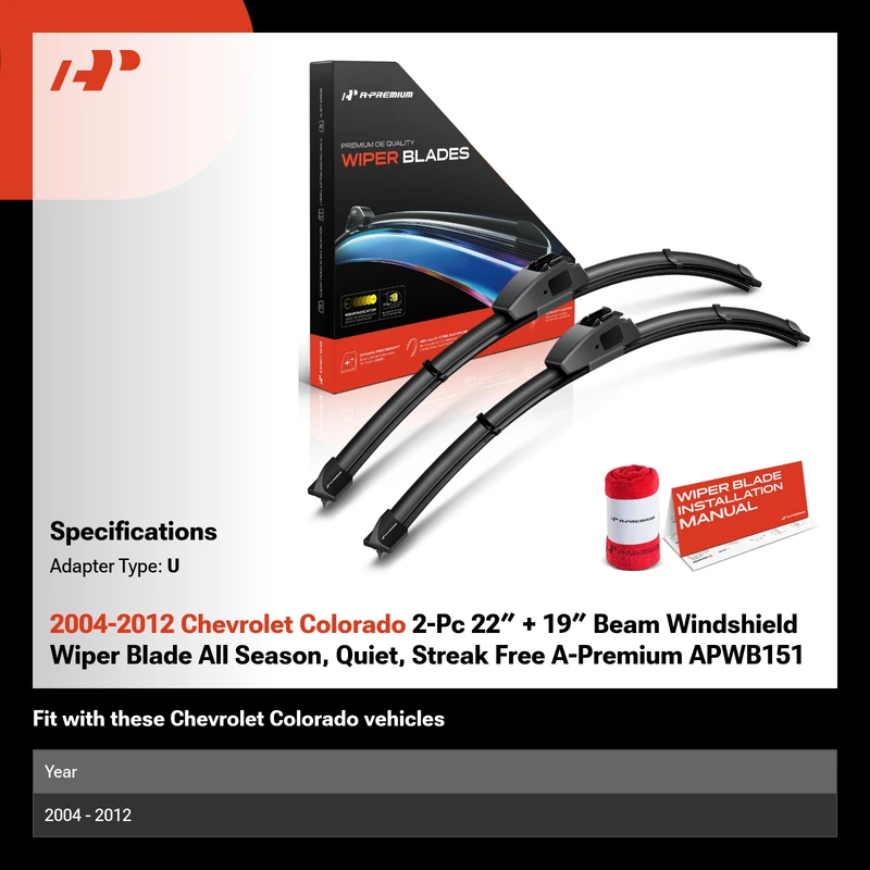 2004-2012 Chevrolet Colorado 2-Pc 22″ + 19″ Beam Windshield Wiper Blade All Season, Quiet, Streak Free A-Premium APWB151
