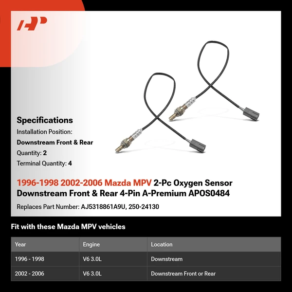 1996-1998 2002-2006 Mazda MPV 2-Pc Oxygen Sensor Downstream Front & Rear 4-Pin A-Premium APOS0484