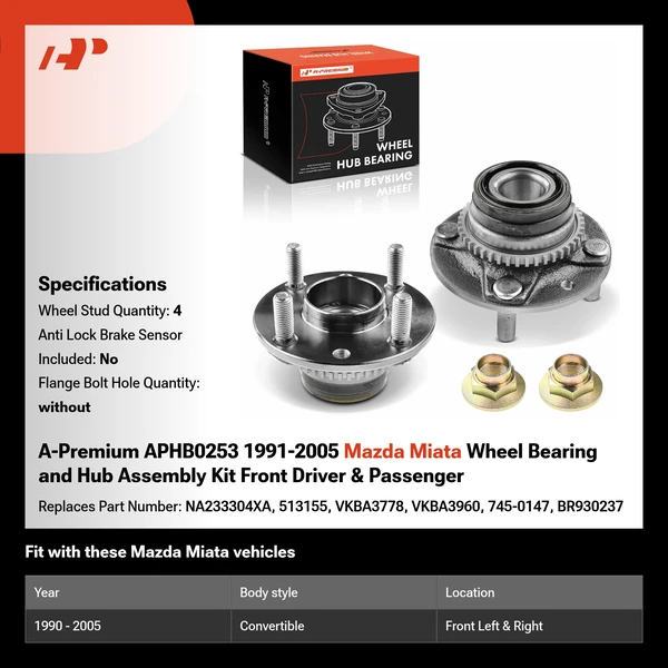 A-Premium APHB0253 1991-2005 Mazda Miata Wheel Bearing and Hub Assembly Kit Front Driver & Passenger