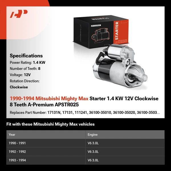 1990-1994 Mitsubishi Mighty Max Starter 1.4 KW 12V Clockwise 8 Teeth A-Premium APSTR025
