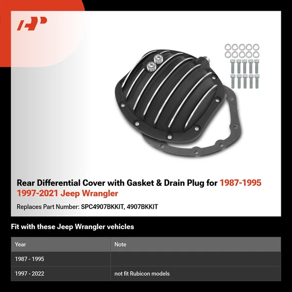 Rear Differential Cover with Gasket & Drain Plug for 1987-1995 1997-2021 Jeep Wrangler