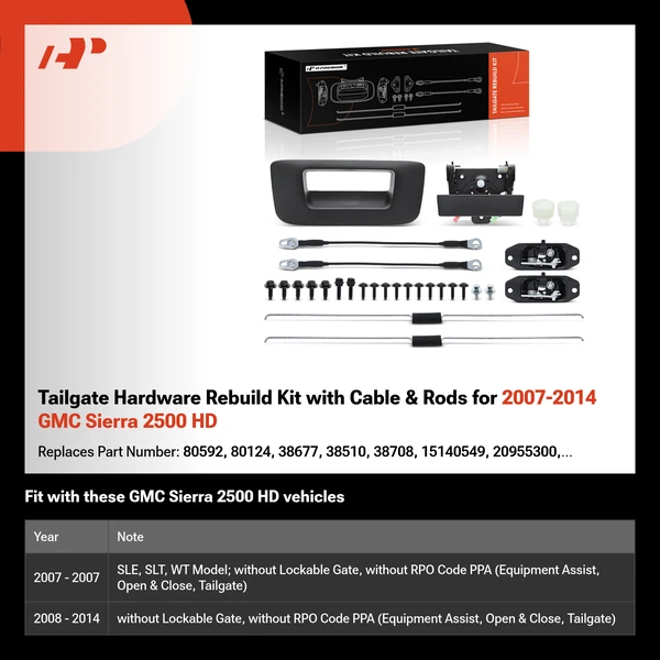 Tailgate Hardware Rebuild Kit with Cable & Rods for 2007-2014 GMC Sierra 2500 HD