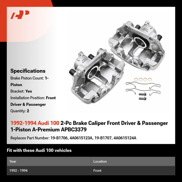 1992-1994 Audi 100 2-Pc Brake Caliper Front Driver & Passenger 1-Piston A-Premium APBC3379